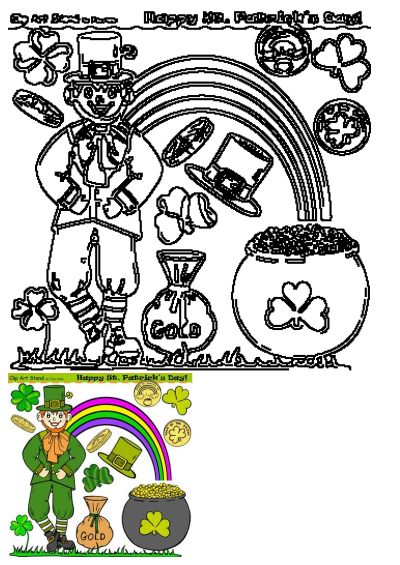St Patrick's Day clipart featuring a smiling leprechaun, pot of gold, rainbow, shamrocks, and coins.  Perfect for adding festive cheer.