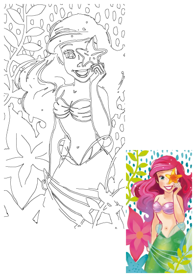 A charming image of a mermaid with pink hair, smiling and playfully holding a starfish in front of her face. A whimsical underwater scene.