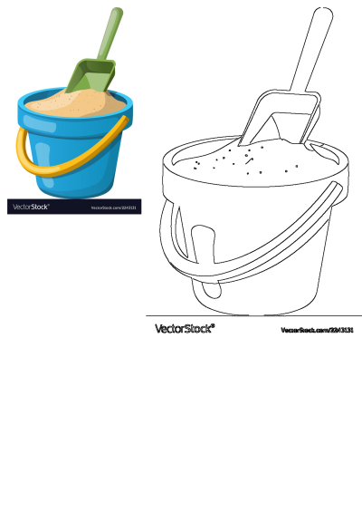 Cartoon image of a blue bucket filled with sand and a green shovel. Perfect for summer beach fun and children's activities.