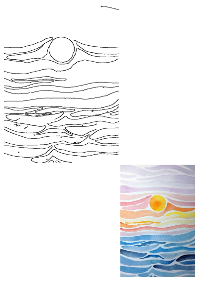 Watercolor painting of a vibrant sunrise featuring an abstract sun in the sky over water, showcasing artistic brushstrokes and pastel colors.