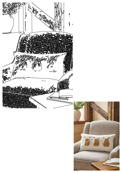 Armchair with a white pillow showing three Highland Cows. The pillow is on a chair, with a wooden table and window sill in the background.