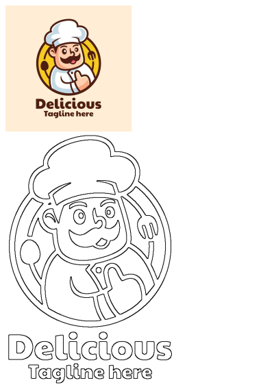 Cartoon chef with a mustache holds a spoon and gives a thumbs-up in front of him. Perfect logo for delicious food.