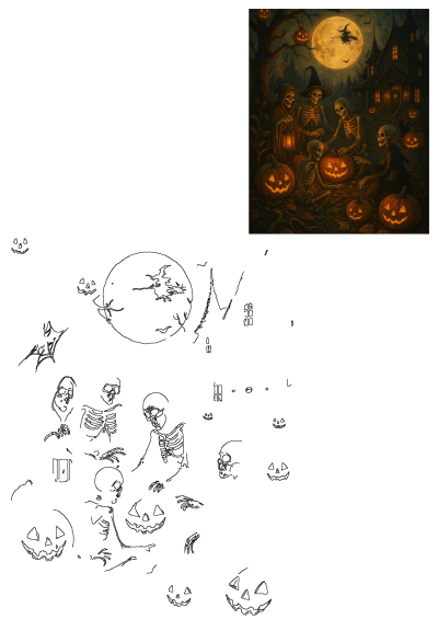 halloween scene with skeletons and pumpkins in front of a full moon