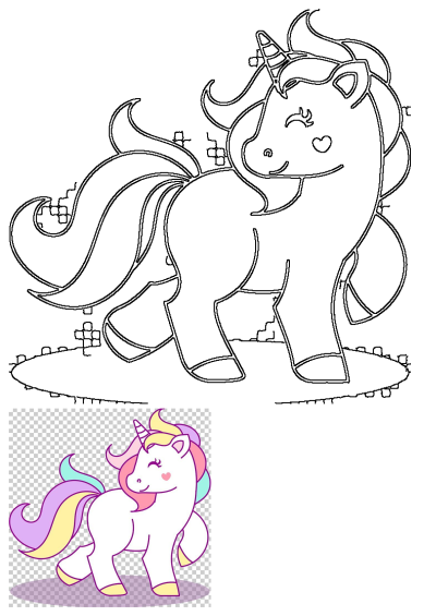 A cute white unicorn with a golden horn, pink mane, and pastel tail. Smiling with a heart on its cheek, ready to be colored.