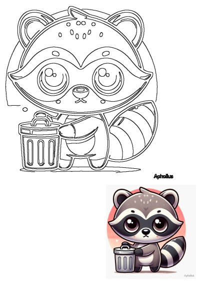 Cute cartoon raccoon holding a trash can. Adorable animal illustration with big eyes and a playful expression, making it a charming and whimsical image.
