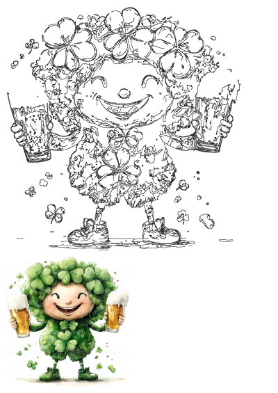 A cartoon leprechaun cheerfully holding two mugs of beer adorned with shamrock leaves, perfect for St. Patrick's Day celebrations.