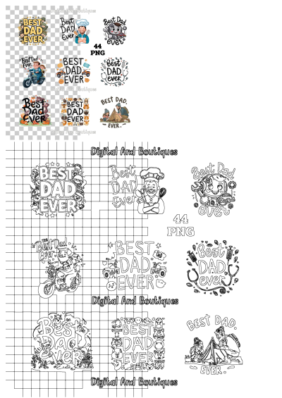 Best dad ever stickers are displayed on a checkered background with different designs, featuring a variety of fun and unique graphics.