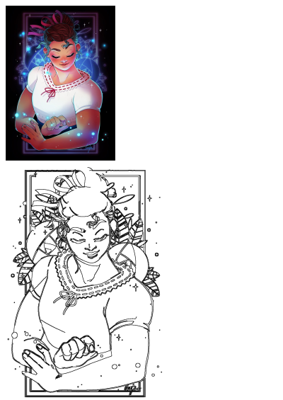 Drawing of a woman with her arms crossed and eyes closed, against a black background with blue neon accents and glowing orbs. Portrait illustration.