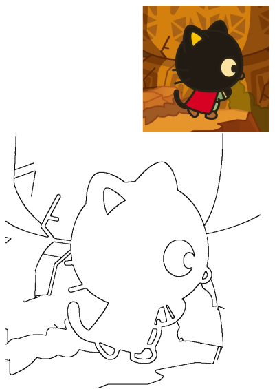 Cartoon style image of a black cat wearing a red cape, standing on a piece of wood in front of a wall. Fun, whimsical character.