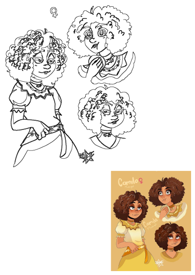Animated drawing of Camilo Madrigal from Encanto. She has curly brown hair and brown eyes, wearing a yellow dress and showing multiple expressions.