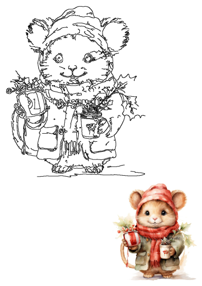A watercolor illustration of a cute mouse dressed in winter festive attire, holding a gift box and a pinecone mug with holly berries.