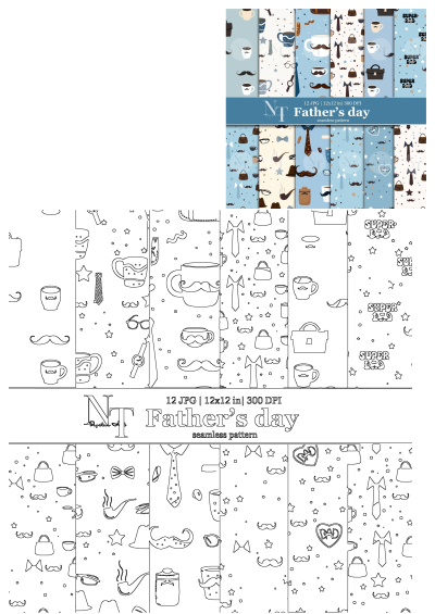 Father's Day digital papers featuring mustaches, hats, ties, and other decorative elements, perfect for Father's Day projects and designs.