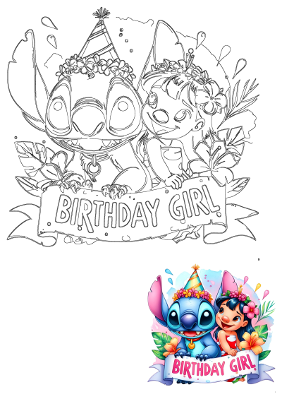 Birthday Stitch and Lilo drawing. This artwork is ideal for Stitch Birthday party decorations and Lilo and Stitch Drawings. Birthday Png image.
