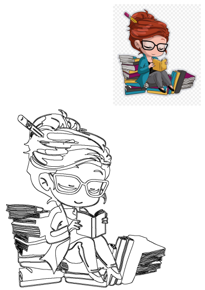 Illustration of a woman with glasses reading a book while sitting on top of a stack of books. She has a pencil in her hair.