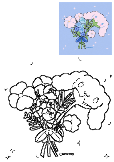 A cute bouquet of flowers including a Cinnamoroll character with blue starry background. alt: a bunch of flowers that are on a blue surface with stars in the back ground