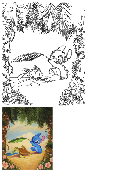 Charming painting of Stitch shielding a turtle and its baby from the sun on a sandy beach. A whimsical tropical scene, as per alt description.