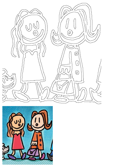 An image of three people and a dog from the Dog Man book series, walking side by side in a cartoon style, smiling against a blue background.