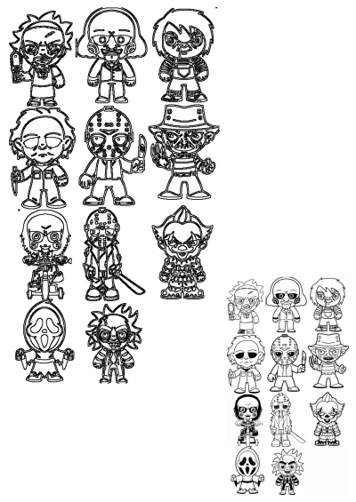 A cartoon collection of iconic horror movie characters including Jason, Freddy, Chucky, Michael Myers, and more, perfect for a fun coloring page.
