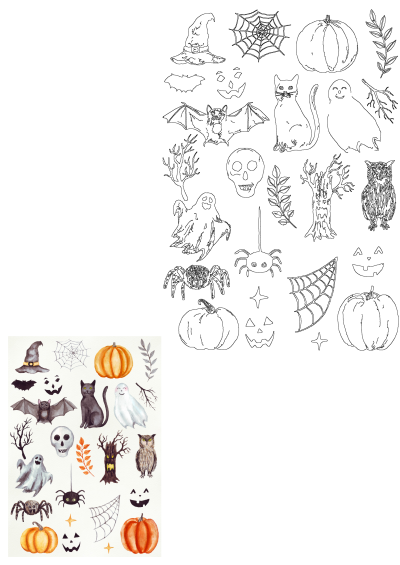 watercolor halloween stickers on white paper with pumpkins, bats and other decorations