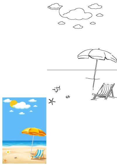 Cartoon beach scene with a yellow umbrella, blue and white striped chair, starfish and flower sitting on the sand by the ocean, perfect relaxation.