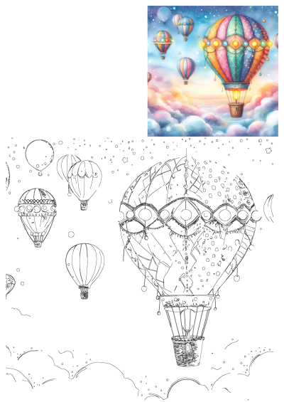 A charming watercolor painting depicts colorful hot air balloons floating in a dreamy sky filled with fluffy clouds and twinkling stars.