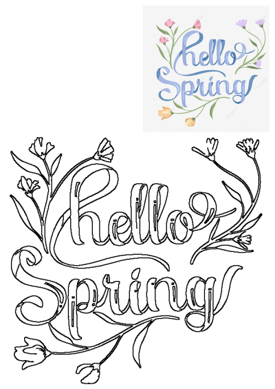 Hello spring is painted in blue and pink flowers, with green stems on each side. Floral spring greeting card with seasonal text and flowers.