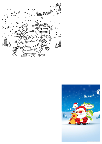 Jolly Santa, a cute reindeer, and a friendly snowman celebrate Merry Christmas in a snowy scene with a festive village and Santa's sleigh under a moonlit sky.