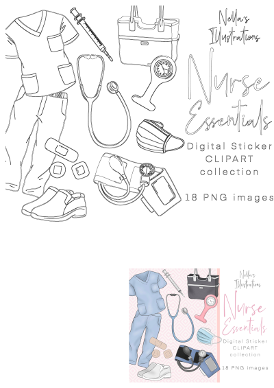Nurse's essentials digital clipart collection includes scrubs, stethoscope, and medical accessories for personal use. Digital stickers.