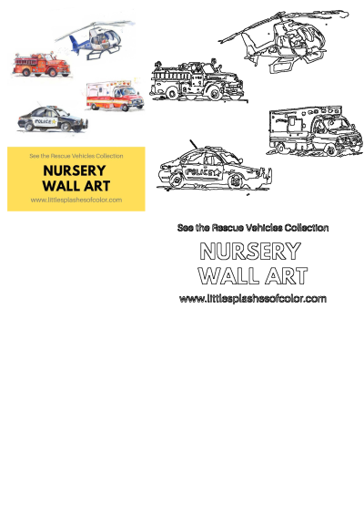 Nursery wall art featuring three different vehicles: a fire truck, a police car, and a helicopter. Watercolor art of emergency vehicles.