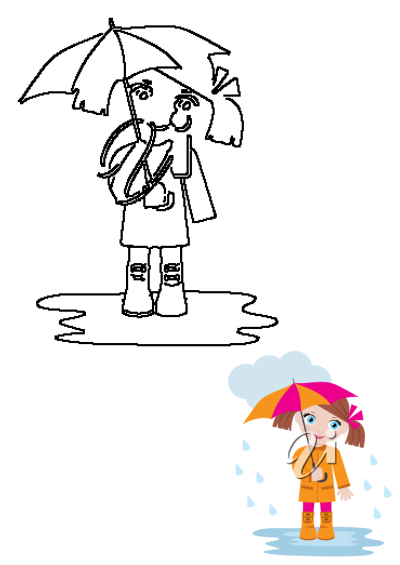 Cartoon image of a little girl with blue eyes holding a colorful umbrella under a rain cloud. Little girl under an umbrella illustration.