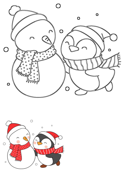 Cartoon penguin and snowman wearing winter hats and scarves. Penguin. Пингвин. PNG.