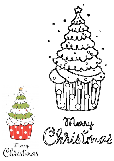 A festive Christmas tree cupcake is depicted as both a colorful illustration and a detailed outline drawing, with "Merry Christmas" text.
