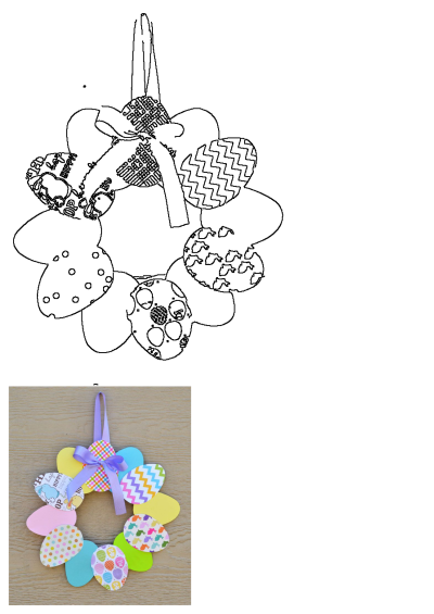 An easter wreath made out of paper, featuring colorful eggs and a ribbon, displayed on a wooden table, perfect for DIY decorations.