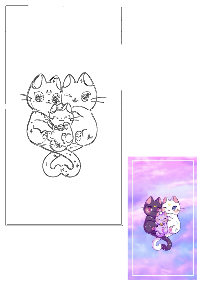 Three cute anime cats illustration: a black, a white, and a purple kitten hugging each other, with purple background.