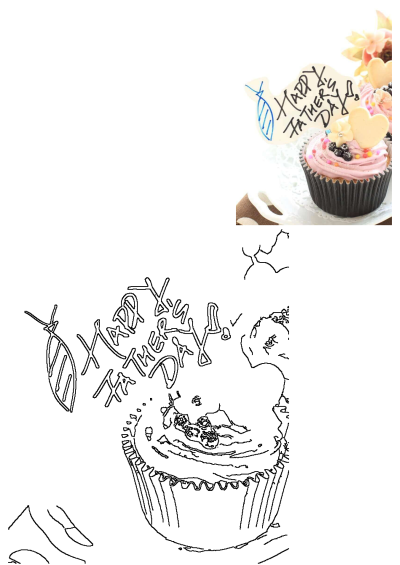 Two cupcakes with pink frosting, hearts, and blackberries on top, with a 'Happy Father's Day' tie card sitting on a plate.