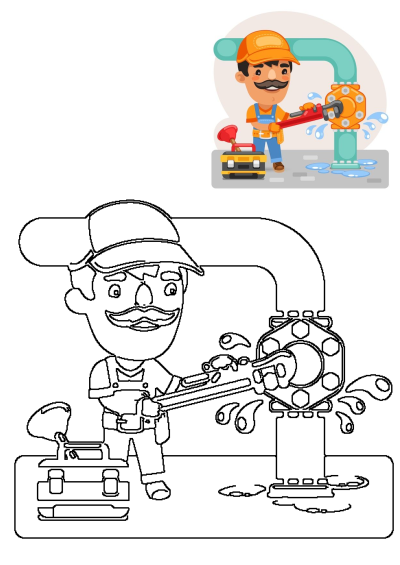 A cartoon plumber in an orange hat is working on a leaky pipe with a red wrench, indicating a plumbing repair job in progress. 