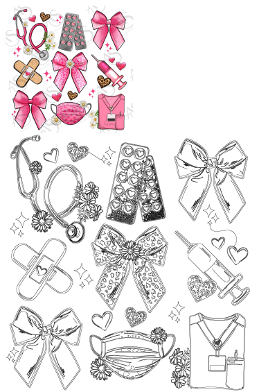 Image of various medical items adorned with pink bows and hearts, including a stethoscope, pills, mask, scrub suit, and syringe.