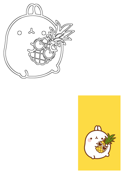 Cute Molang bunny with pineapple heart sunglasses on a yellow background. Image depicts an animal with pineapples on its back.