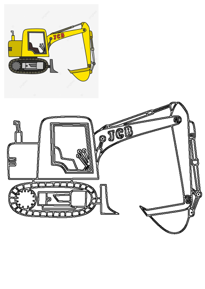 Cartoon illustration of a yellow and black JCB excavator. The image shows a yellow and black excavator as specified in the alt description.