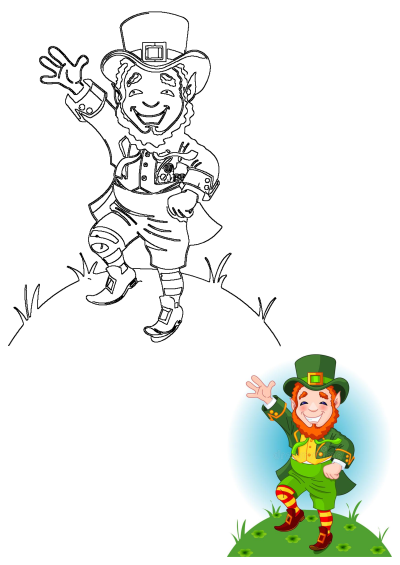 Full length cartoon illustration of a happy leprechaun dancing a jig on a field of shamrocks. Perfect for St. Patrick's Day art with copy space.