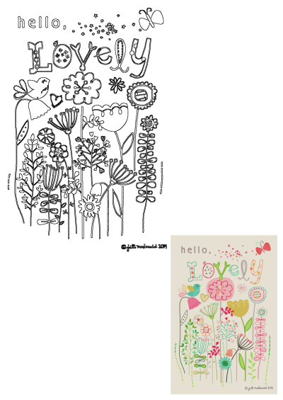 A card with whimsical flowers, plants, and a bird, saying 'hello, Lovely'. Cute floral design with a butterfly and lighthearted feel.