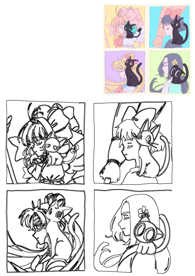 Four different cartoon images of anime girls with a black cat sitting next to them; a cartoon illustration. 