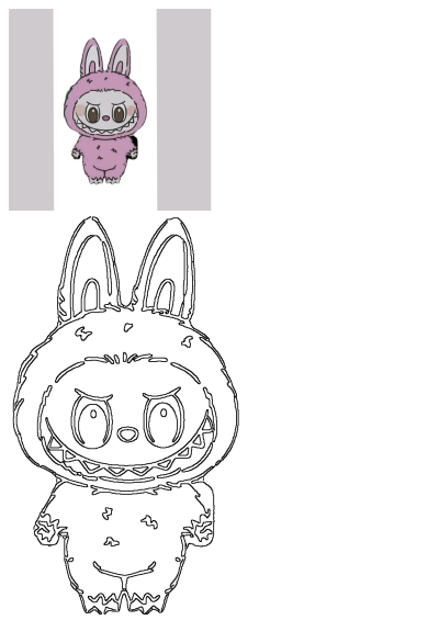 Paper cutout of a pink bunny with big eyes and large ears standing on a white background. Cute, slightly scary rabbit in a costume.