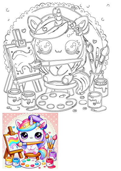 Adorable unicorn artist painting a vibrant rainbow design on an easel. Surrounded by a palette, paint cans, and brushes, ready for art.