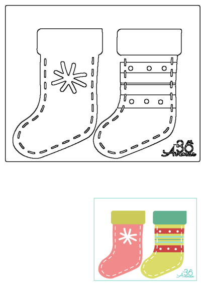 Printable Christmas stocking outline templates with snowflake and striped designs, perfect for DIY holiday crafts, shown with colored example.