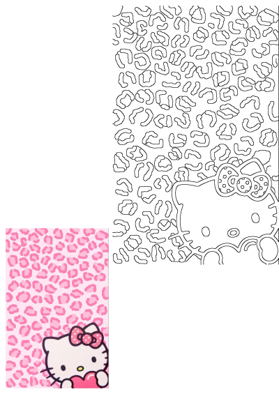 Pink Hello Kitty with a polka dot bow and heart on a light pink leopard print background. Cute cartoon character with fun design.