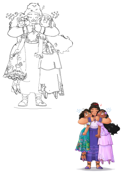 Illustration of two girls hugging their older sister. The Encanto sisters' embrace celebrates sisterhood and family bonds as they stand together.