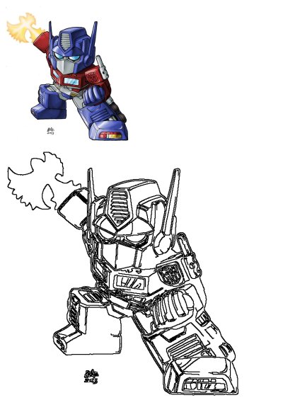 Drawing of a cartoon Optimus Prime robot in the air with flames coming out of it. Fan art of the Transformers character. 