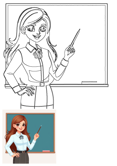 Cartoon image of a woman teacher standing in front of a chalkboard. The teacher is pointing to the blackboard with a pointer.