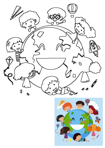 Cartoon illustration of children around the world smiling, playing with toys, and having fun around a smiling Earth. Represents global childhood joy.